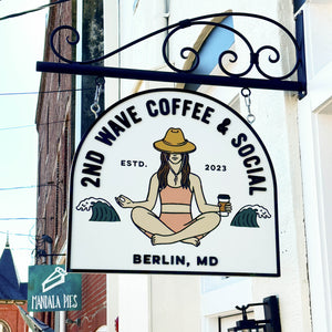 a 26 by 30 inch sign for 2nd Wave Coffee & Social with raised black lettering and border