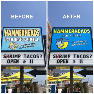 side-by-side before and after photos of the lightbox sign for Hammerheads Bar & Grill