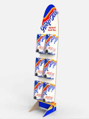 a picture of the Hoop Tea rack with twelve bags of spiked iced tea hanging from six metal hangers