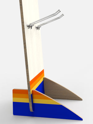 a closeup picture of the Hoop Tea rack showing two of the metal hangers with nothing on them