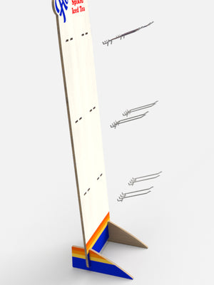 a picture of the Hoop Tea rack showing how the six metal hangers attach to the wooden backer