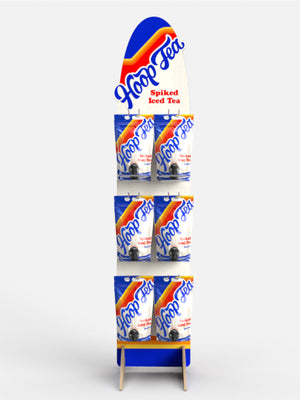 a picture of the Hoop Tea rack with twelve bags of spiked iced tea hanging from six metal hangers