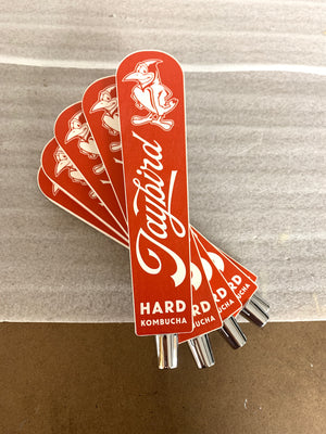 a photo of a small stack of orange Jaybird tap handles with a light wood border, logo and text