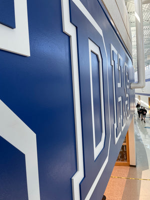 an angled photo of the SDHS letters mounted above a main hallway, showing the layers on the lettering