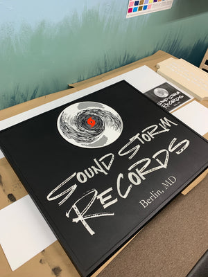 a photo of the finished Sound Storm Records sign