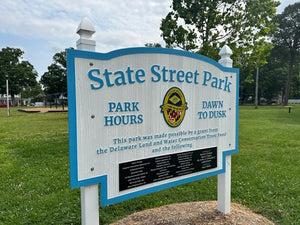 an angled photo of the finished State Street Park sign
