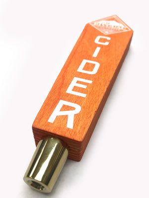 an angled closeup of an orange wooden tap handle for Bivouac Cider with white printed text