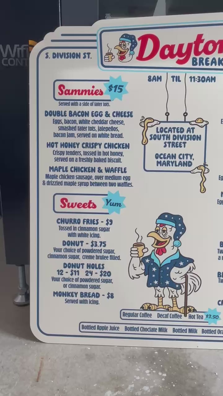 a video showing two menu signs for Dayton's restaurant with white backgrounds, red headings and blue lettering